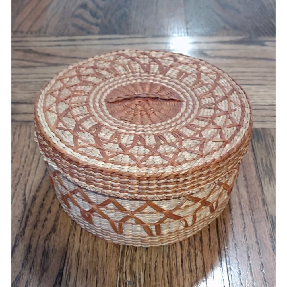 Vintage Hand Woven Coiled Pine Needle Basket with Lid Geometric Boho Trinket Box
